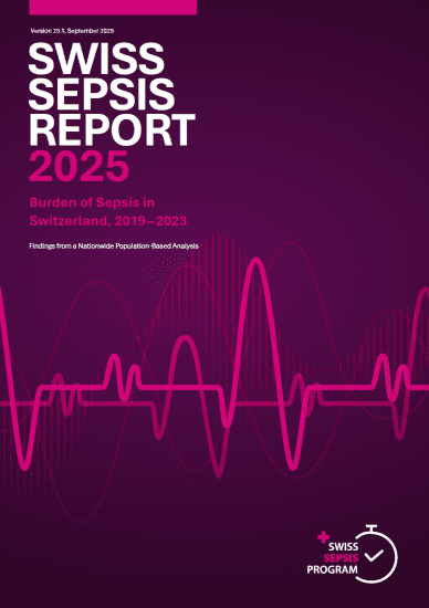 Auf dem Cover des Swiss Sepsis Report 2025, Burden of Sepsis in Switzerland 2019-2023, sieht man Graphen in Pink- und Rottönen.
