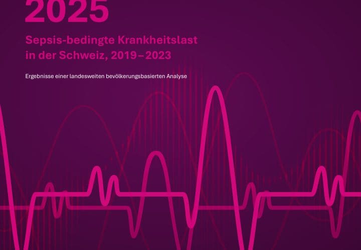 Auf dem Cover des Swiss Sepsis Report 2025, Burden of Sepsis in Switzerland 2019-2023, sieht man Graphen in Pink- und Rottönen.